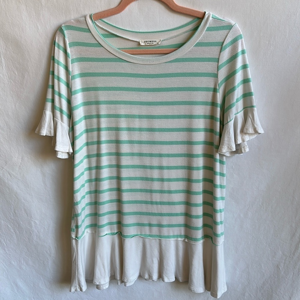 Promesa lightweight cream and green striped top with ruffles, size L